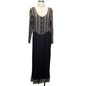 Vintage PK Designs Womens Size L Brown Black Striped Long Sleeve Dress